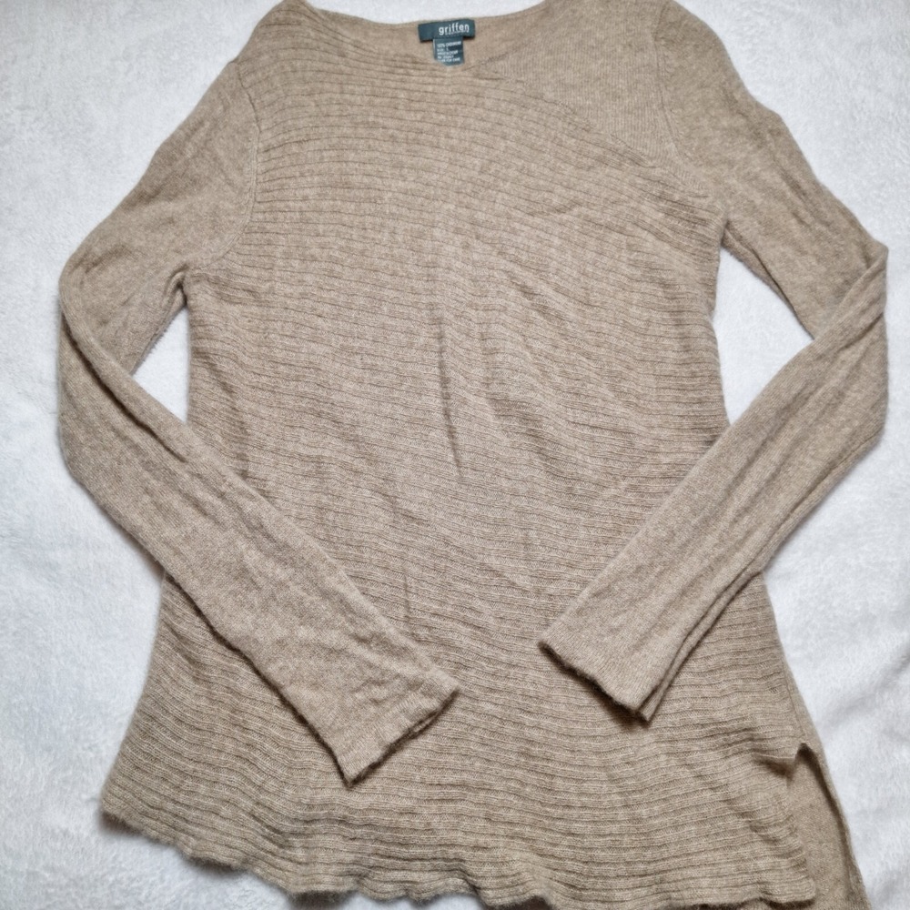 GRIFFEN 100% Cashmere Pullover Ribbed Sweater Womens Sz L Oatmeal Soft Comfy L/S